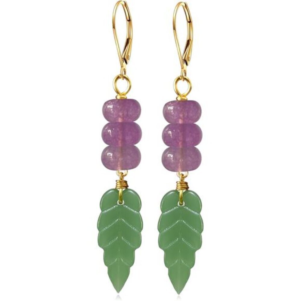 Natural Stone Amethyst and Jade Gemstone Beads Drop Earrings
